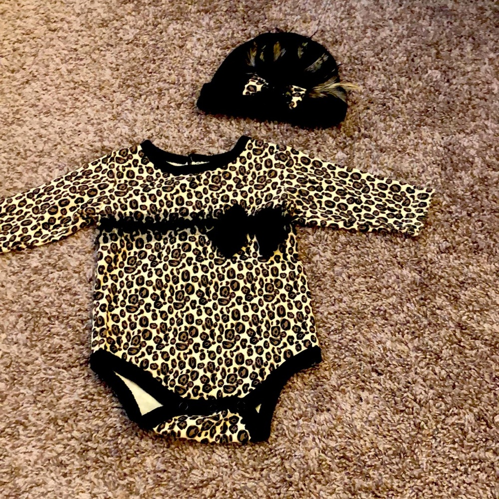 Beautiful leopard onsie with custom matching hat.